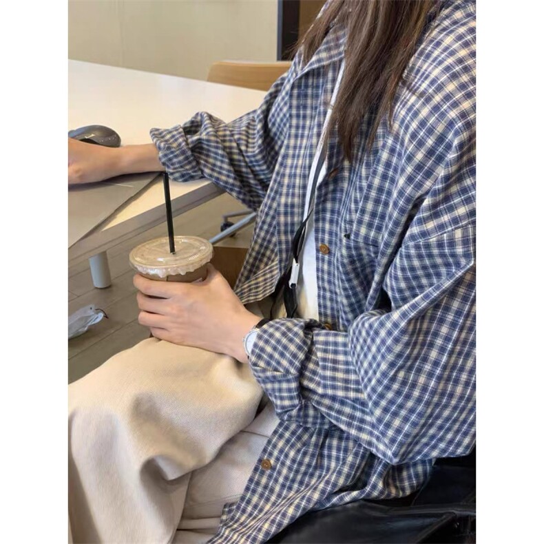 TC743-P45 美拉德复古格子撞色长袖衬衫女新款设计感小众宽松外套图片