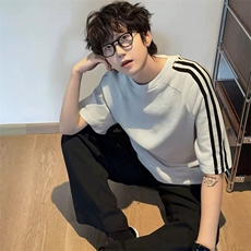 抖音得物品质二开240克宽松纯棉美式潮牌印花三条杠中性风短袖T恤，男装T恤，电商A486-1