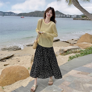 法式度假风镂空罩衫两件套女2025年夏季新款温柔风碎花半身裙套装图片
