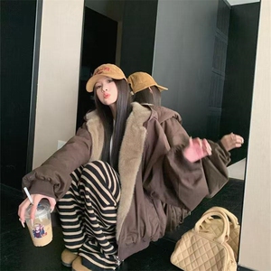 两面穿现货重磅短款座山雕棉衣男女双面穿毛毛绒棉服加厚外套,女士灰色长款毛衫搭配图片