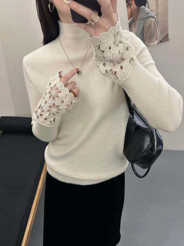2025年秋季时尚百搭通勤简约休闲打底衫袖口勾花，女装针织衫/毛衣，唐诺