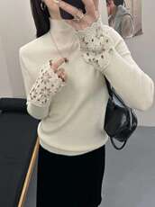 2025年秋季时尚百搭通勤简约休闲打底衫袖口勾花，女装针织衫/毛衣，唐诺