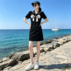 时尚重工拼色蝴蝶节黑色连衣裙夏季新款气质显瘦中长款A字裙潮流，女装连衣裙，江南