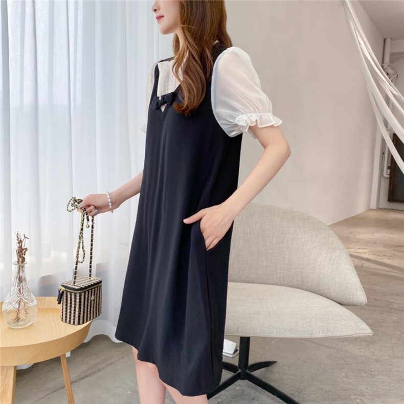 新款气质蝴蝶结拼接假两件A字连衣裙，女装连衣裙，炅缇恩