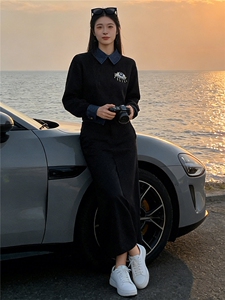 韩系高级时尚套装女春拼接色衣领衣袖设计绣花订珠卫衣半身裙套装图片