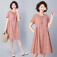 2022年夏季新款潮纯棉短袖连衣裙女中长款小个子韩版休闲a字裙子，女装连衣裙，简韵佳