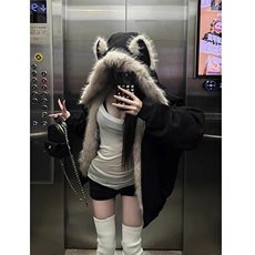 现货重磅硬挺boxy羽绒棉衣座山雕猫耳大毛毛领麂皮棉服冬外套，男装棉衣，电商A486-1