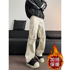 美式工装裤子男2024秋冬季ins高街褶皱垂感宽松加绒长裤K179-1，男装休闲裤，星座1116A-1（原606A）