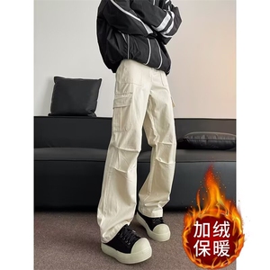 美式工装裤子男2024秋冬季ins高街褶皱垂感宽松加绒长裤 K179-1图片
