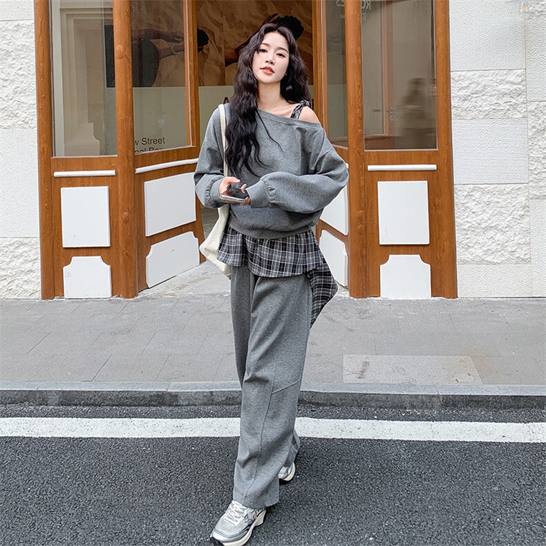 春装新品英伦格子拼接休闲套装时尚卫衣两件套2111P170K278,女装套装/套裙,2C219