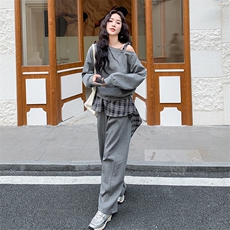 春装新品英伦格子拼接休闲套装时尚卫衣两件套2111P170K278，女装套装/套裙，2C219