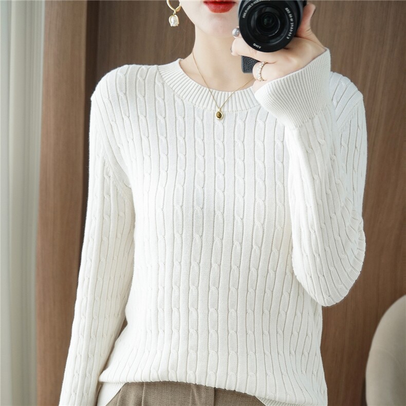2025年秋季新款百搭女士小麻花圆领抽条针织衫，女装针织衫/毛衣，品高羊绒