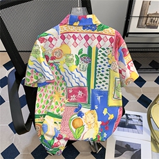 夏威夷短袖花衬衫男女夏季凉感复古油画宽松衬衣外套休闲情侣上衣，男装衬衫，星座601-1