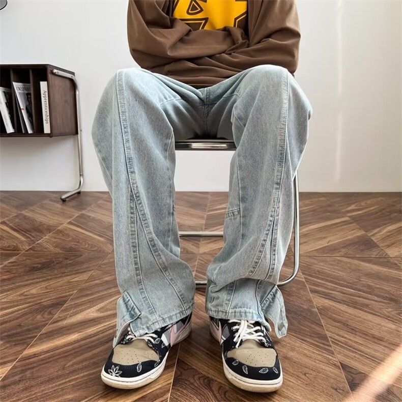 牛仔裤男秋季直筒宽松设计感小众拉链开叉复古美式休闲裤N535-P48,男装牛仔裤,星座1008
