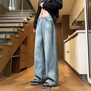 美式复古做旧破坏牛仔裤男女cleanfit宽松直筒百搭垂感微喇裤图片