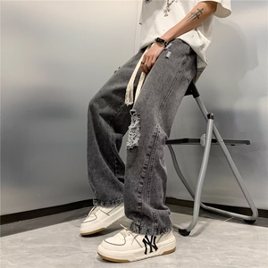 美式高街破洞牛仔裤男女ins潮牌hiphop宽松直筒长裤N01709-P48图片