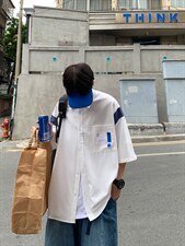 【2025春夏】拼接CITYBOY风中性休闲夏季宽松五分袖男短袖衬衫，男装T恤，星座112A
