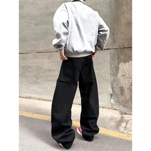 2025美式复古阔腿宽松弯刀裤男解构设计黑色小众高街直筒牛仔裤图片