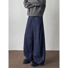 春秋男士韩系设计款牛仔割洞提花重工水洗牛仔裤宽松裤子，男装牛仔裤，电商B319