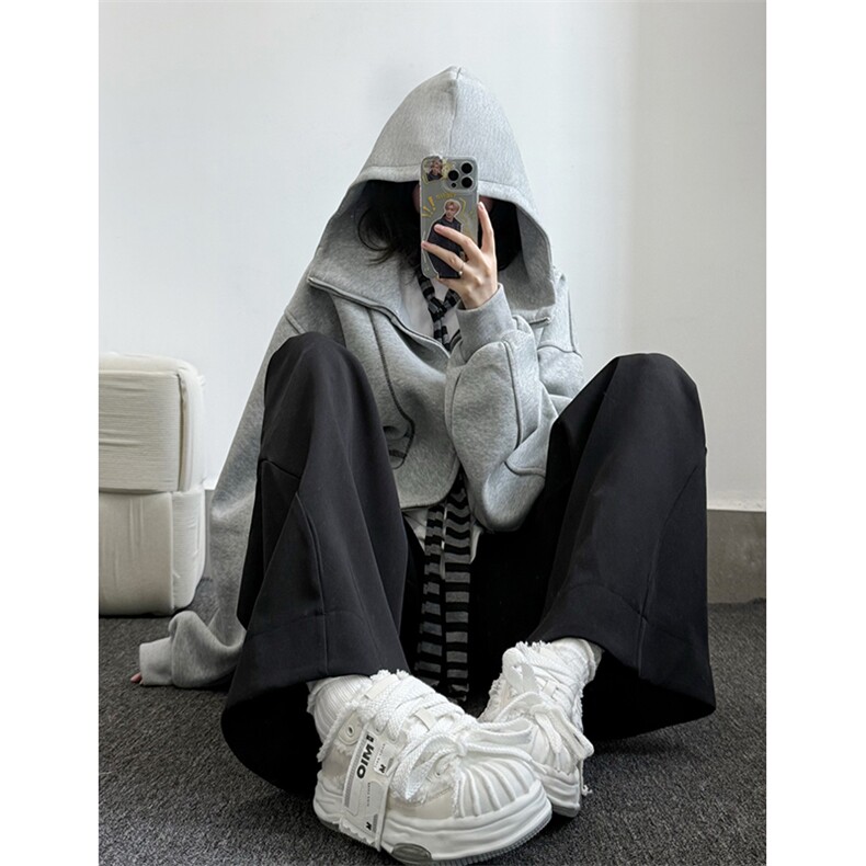 抖音得物高品质秋冬美式高街重磅结构辑明线纹理连帽卫衣外套W111，男装卫衣，电商A486