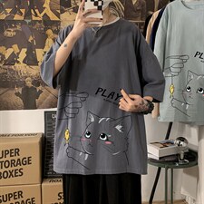 YT26129-P30亚麻短袖t恤男大码五分袖男宽松七分袖海报风,男装T恤,电商A040