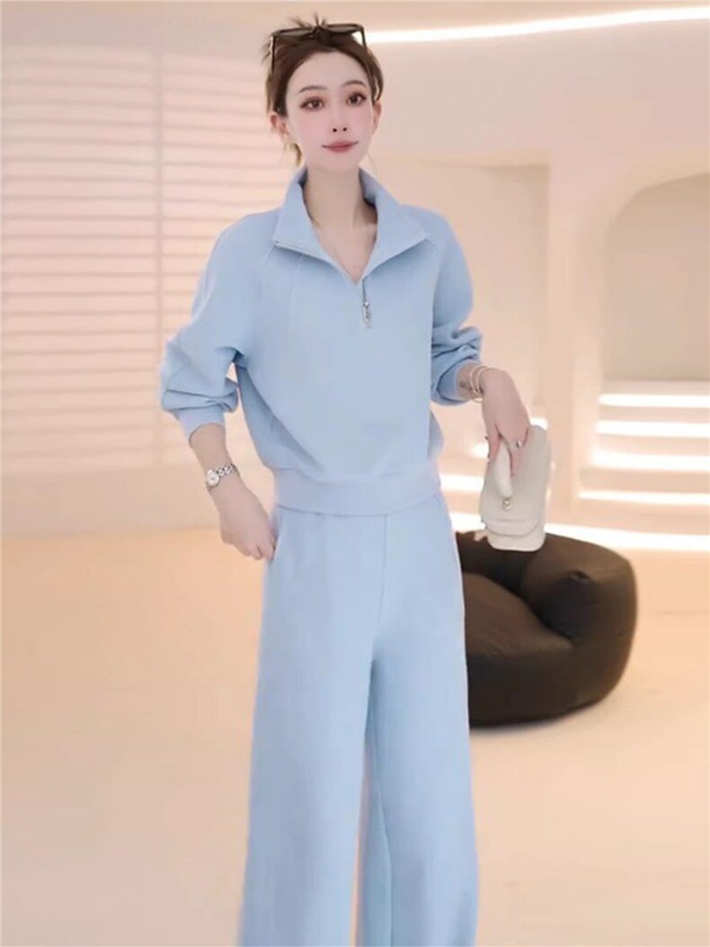 韩版休闲运动套装女春季新款洋气显瘦半开立领卫衣直筒长裤两件套,女装套装/套裙,江南