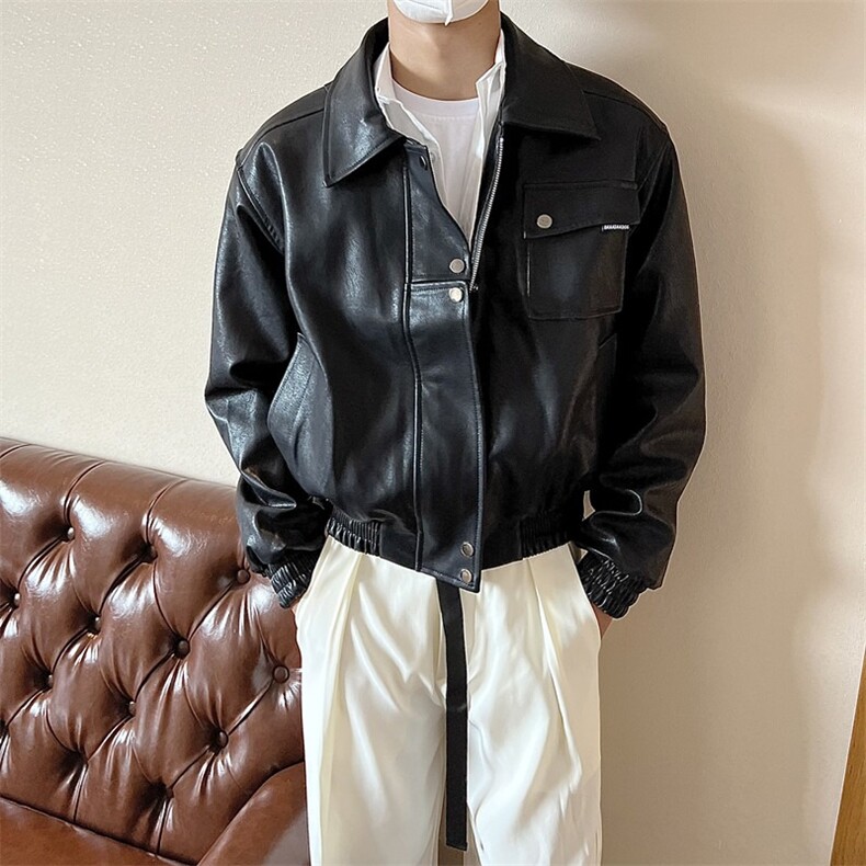 痞帅Pu皮衣小众设计感潮牌双拉链垫肩皮夹克男机车服秋冬高街外套,男装皮衣,星座1210-1