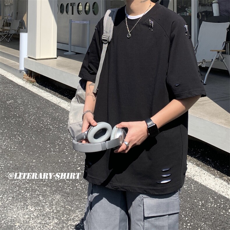 XZ213-T67-P45控58 港风大码水洗做旧破洞纯色圆领短袖T恤五分袖图片