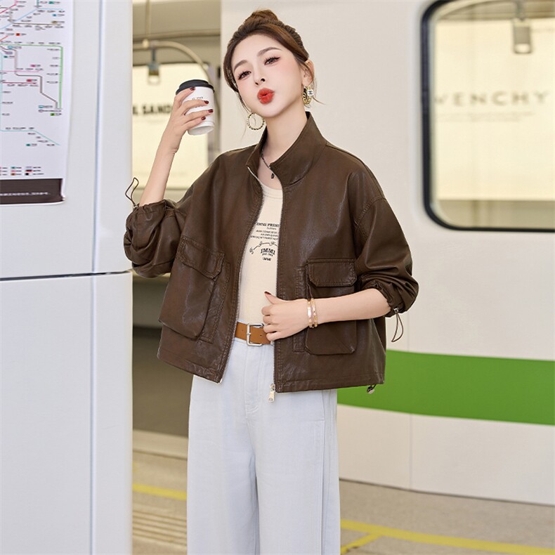 欧货立领皮衣外套女2025春秋新款小个子休闲宽松百搭机车夹克上衣,女装皮衣,美拉德工厂直营店