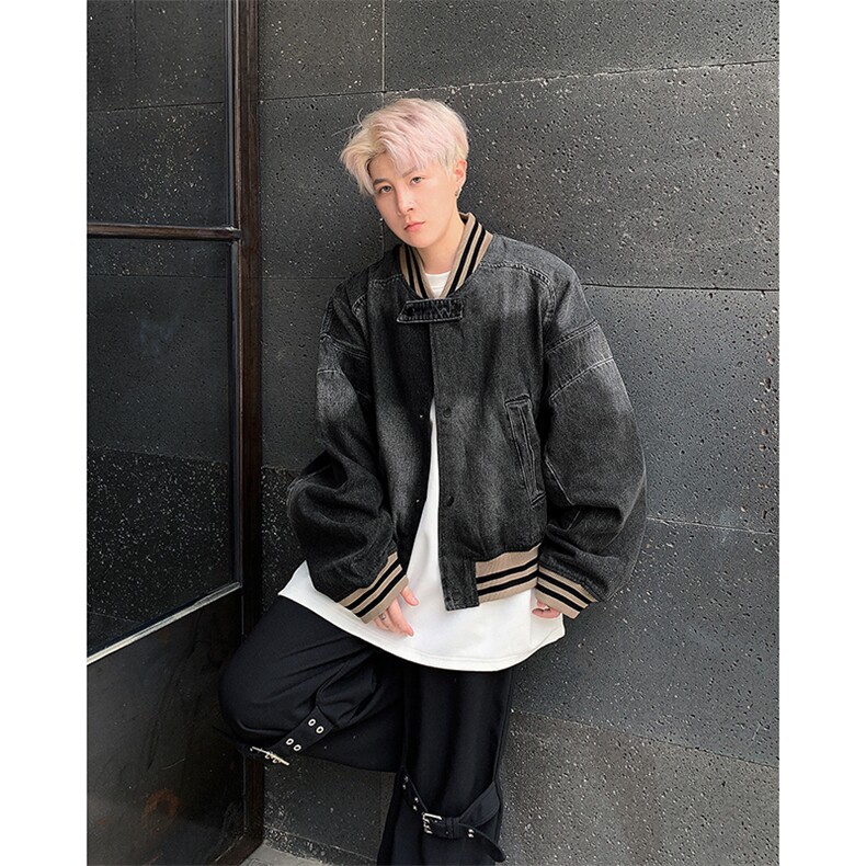 美式复古水洗宽松短款牛仔外套休闲百搭棒球服,男装工装外套,星座410-6（原星座1304-1）