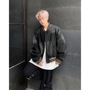 美式复古水洗宽松短款牛仔外套休闲百搭棒球服图片