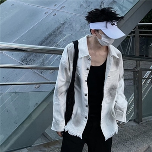 美式复古潮牌背后字母牛仔外套男女宽松破坏毛边情侣夹克图片