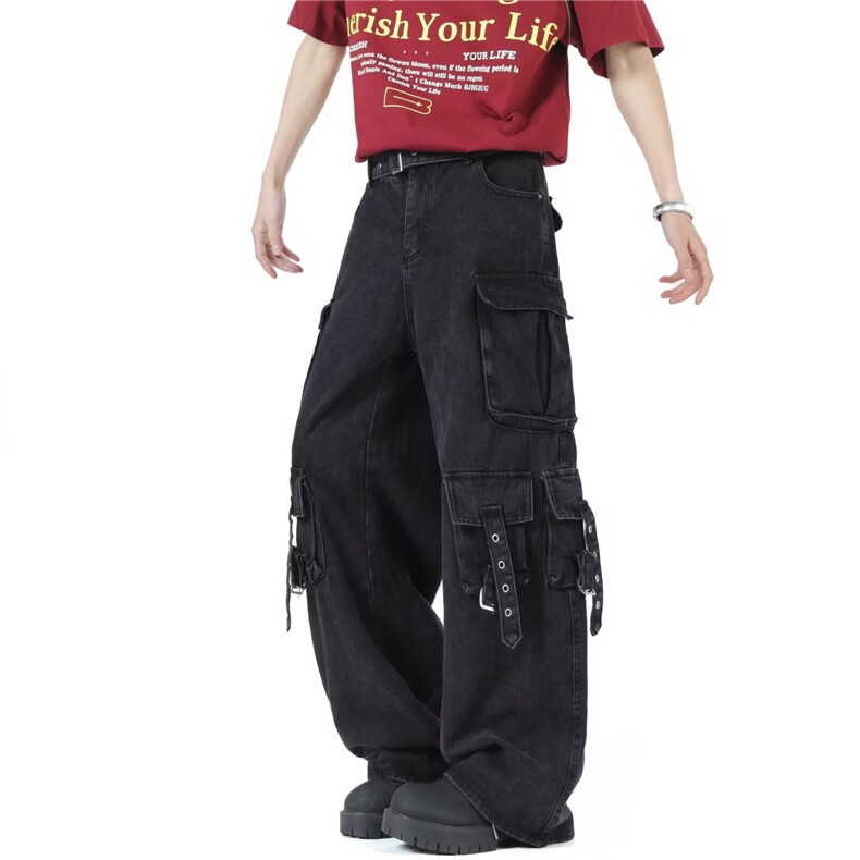 美式vibe高街口袋黑色工装牛仔裤男女秋宽松阔腿拖地裤RK3145-P72,男装牛仔裤,星座412-3