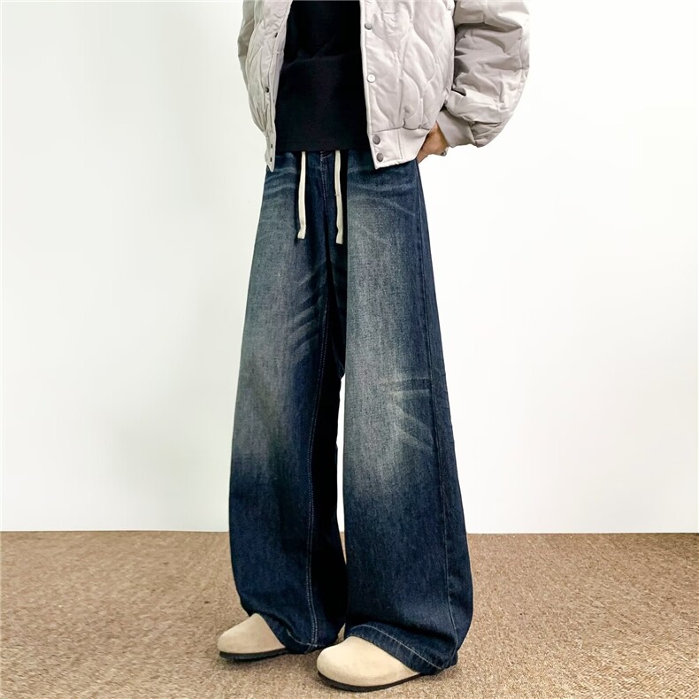 美式复古时尚水洗松紧腰直筒牛仔裤男女设计感简约百搭显瘦裤，男装牛仔裤，星座302B-2