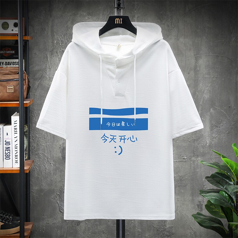LD54033-P45 连帽短袖t恤男大码胖子带帽五分袖中袖 展架图片