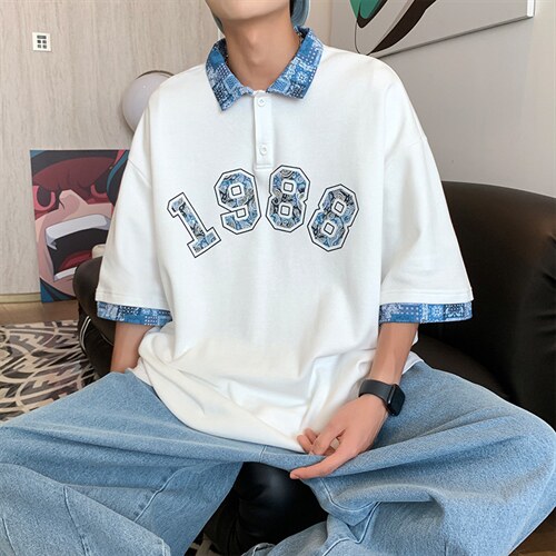 新款优品男士短袖刺绣贴标半开拉链印花T恤宽松上衣ZD3314-P54图片