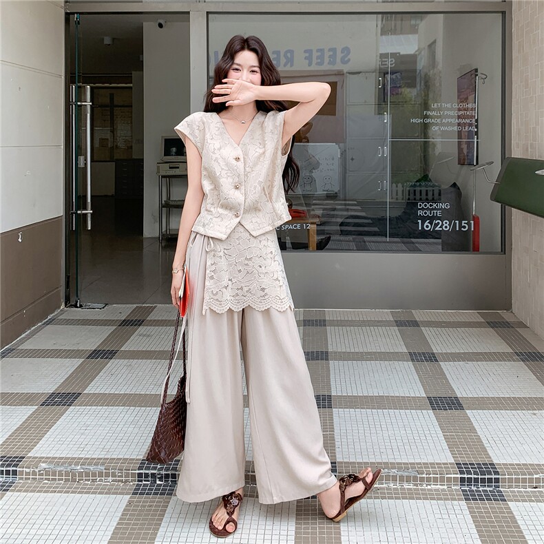轻熟风气质套装女2026夏季薄款蕾丝上衣显瘦阔腿裤两件套,女装套装/套裙,冬木谷雨