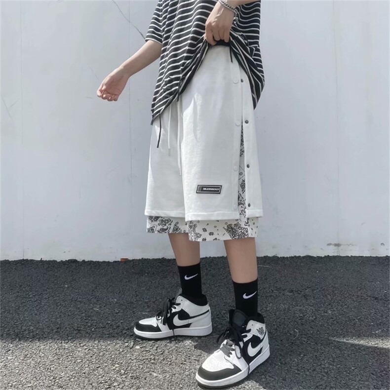 潮流夏季腰果花拼接假两件排扣运动中裤休闲短裤五分卫裤DJ21-p28,男装休闲裤,星座1008-1