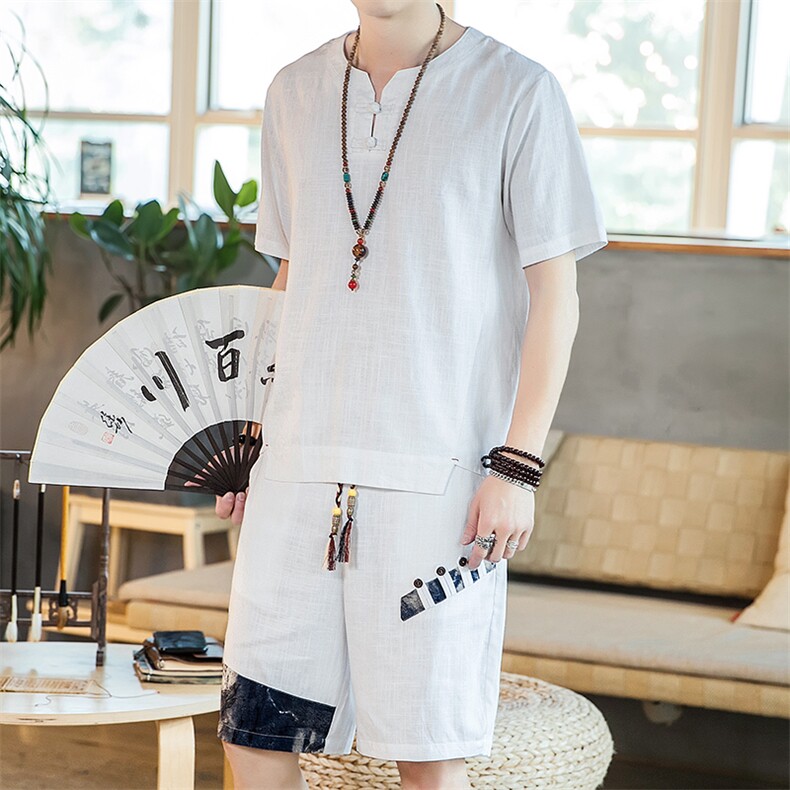 夏季亚麻风盘扣棉麻男士短裤T恤套装男一套A266-1-TZ4956-P75，男装休闲套装，电商A266-1
