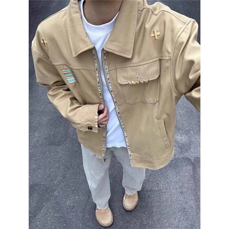 美式复古巴恩风休闲夹克男女款宽松设计感翻领棒球服刺绣工装外套图片