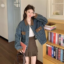 春装新款牛仔拼接PU皮短款外套2C153-8938-P155K248，女装短外套，2C153