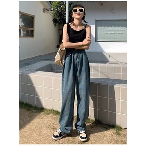 高腰显瘦阔腿牛仔裤女2025新款夏季破洞小个子直筒复古宽松拖地裤图片