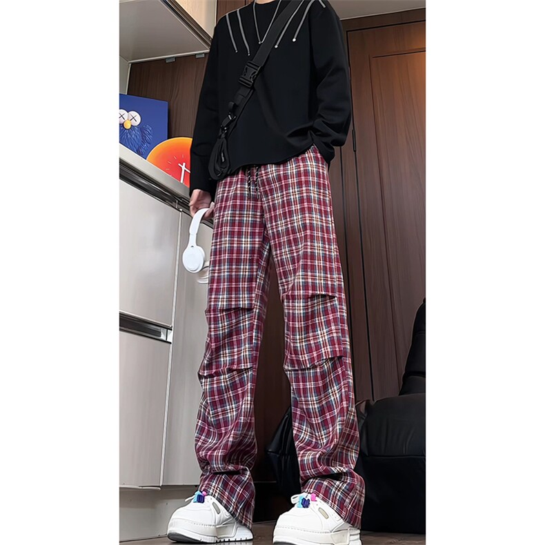 K5055/P40秋装新款美式复古红色格子裤男褶皱直筒裤休闲裤长裤图片