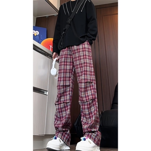 K5055/P40秋装新款美式复古红色格子裤男褶皱直筒裤休闲裤长裤图片