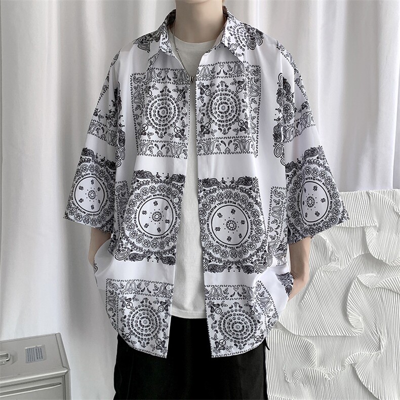 2023夏装男印花冰丝短袖衬衫青少年潮流宽松碎花衬衣A071-C16-P35图片