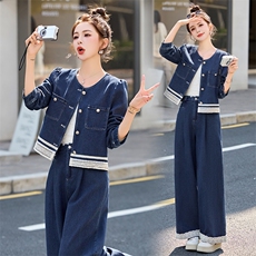 蕾丝拼接牛仔套装女2025春季新款穿搭时尚牛仔外套阔腿长裤两件套，女装套装/套裙，贵人树