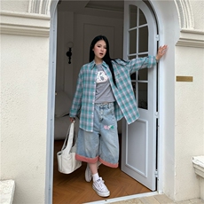 设计感珍珠挂饰撞色格子衬衫女春新款休闲百搭上衣外套CY1201-P48，男装衬衫，星座412-3