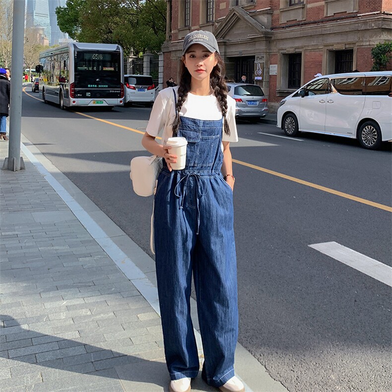 深蓝夏收腰牛仔背带裤女小个子高腰宽松直筒长裤新款时尚,女装连体裤,辉之琳