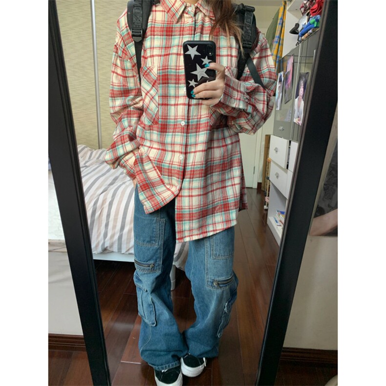 红色黄蓝色格子衬衫男女春宽松休闲情侣长袖衬衣外套K342-P45,男装衬衫,星座1007（原301D）
