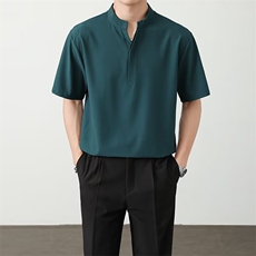 高品质夏款男套头冰丝短袖衬衫立领宽松短衬衣CS1400P35，男装衬衫，星座1013-1